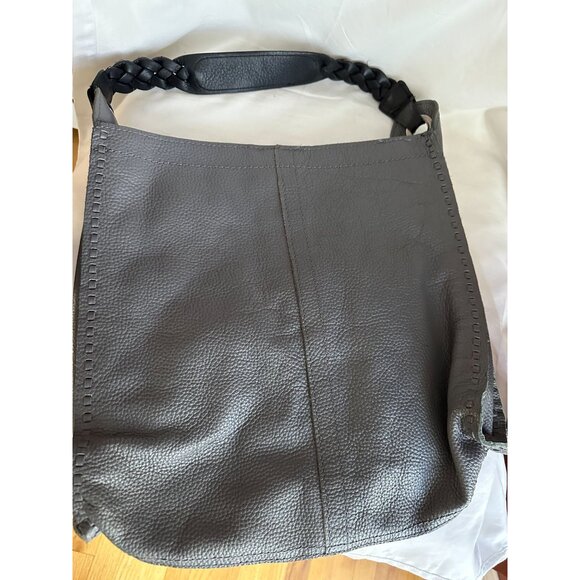 Braided Angle Tote - Handmade Leather Tote Bags LUCKY BRAND Gray Pebbled Leather Black Braided Handles Stitching Shoulder Tote